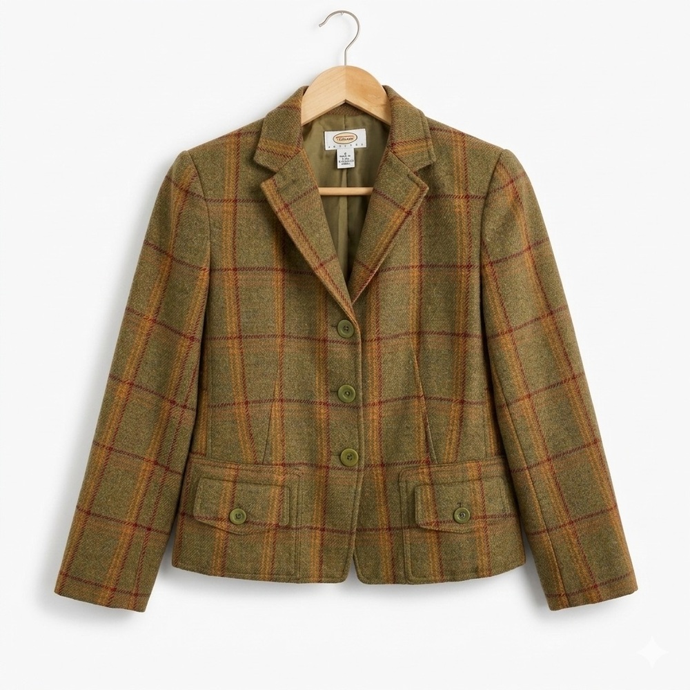 Talbots Petites 100% Wool‎ Plaid Blazer Jacket Olive Green Rust Size 4P Vintage